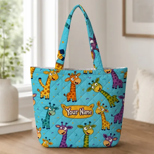 Colorful Googly-Eyed Giraffes for Kids School, Library, Travel and Everyday Carry Quilted Tote Bag
