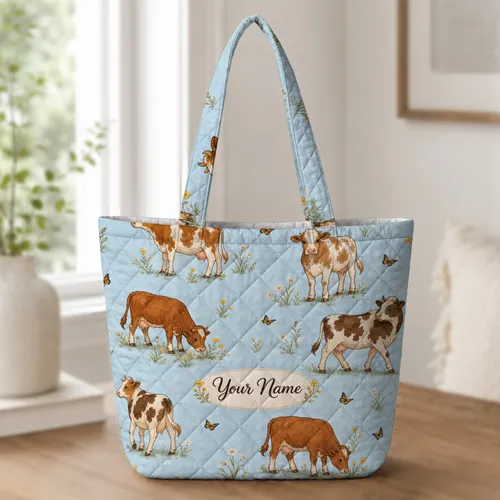 Pastoral Cow And Wildflower Farmhouse Carryall For Weekend Trips And Dairy Lovers Quilted Tote Bag