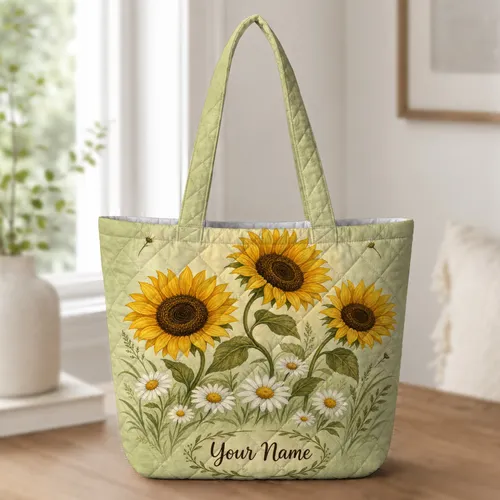 Sunflower Daisy Garden Gift For Cottagecore Flower Lovers And Everyday Errand Style Quilted Tote Bag