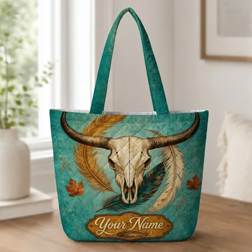 Longhorn Skull And Feathers Southwestern Autumn Gift For Cowgirl Fall Fashion Lovers Quilted Tote Bag