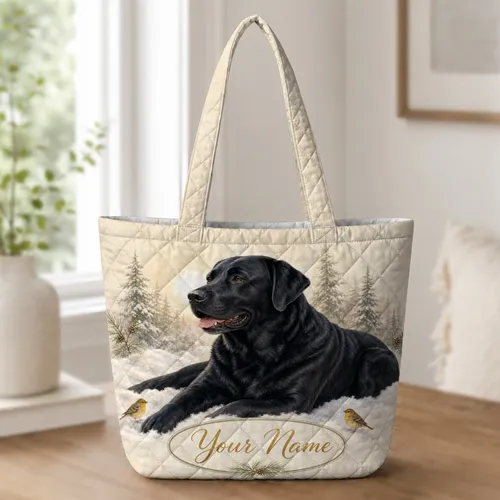 Black Labrador Winter Snow Scene For Dog Moms Travel, Errands And Everyday Carry Quilted Tote Bag