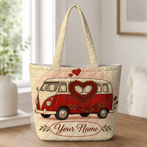 Vintage Red Bus With Rose Heart Wreath Valentine Gift for Romantic Travel Lovers Quilted Tote Bag