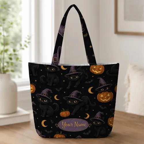 Black Witch Cat Jack O Lantern Halloween Gift For Fall Shopping And Daily Errands Quilted Tote Bag