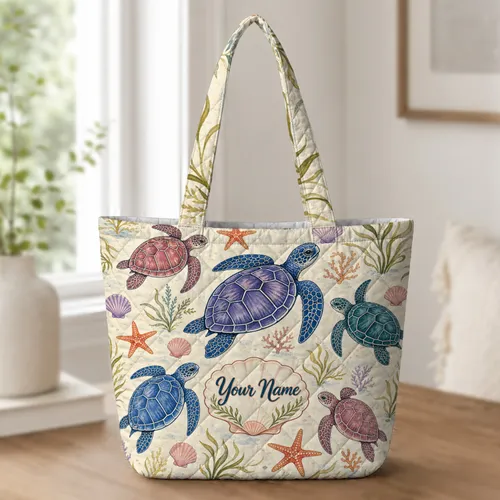 Sea Turtle Starfish Shell Coastal Beach Travel Gift For Marine Life Lovers Women Quilted Tote Bag