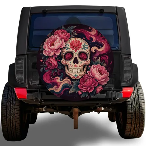 Colorful Sugar Skull With Peonies for Day of the Dead Decor and Gothic Road Trips Spare Tire Cover