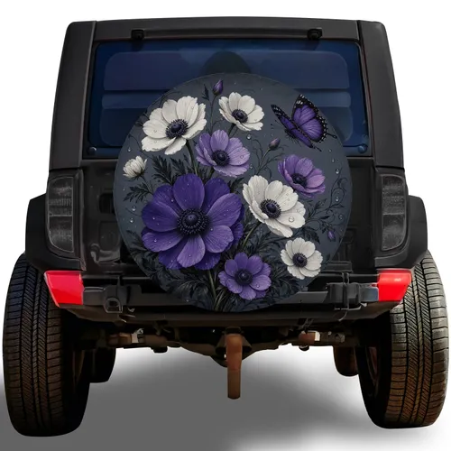 Purple White Daisy Butterfly Floral Garden Adventure Decor for RV Camper Travelers Spare Tire Cover