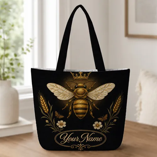 Crowned Golden Honeybee Gothic Botanical Gift for Halloween and Queen Bee Collectors Quilted Tote Bag