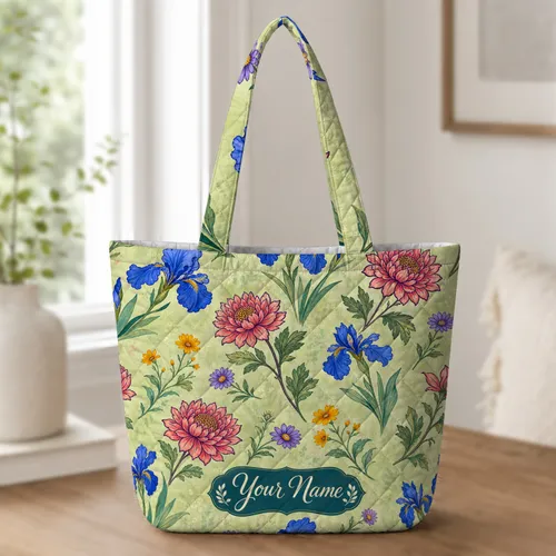 Vibrant Iris And Chrysanthemum Wildflowers For Weekend Getaways And Garden Lovers Quilted Tote Bag