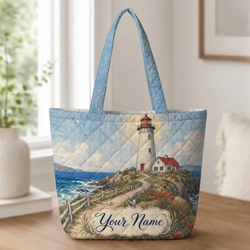 Coastal Lighthouse Seagull Ocean Scene For Beach Trips And Nautical Decor Lovers Quilted Tote Bag