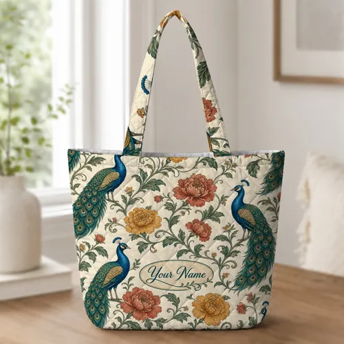 Blue Peacock And Vintage Floral Garden Motif For Travel Work Holiday Gifts For Women Quilted Tote Bag