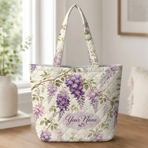 Wisteria Floral Lavender Botanical Gift for Everyday Travel, Work, and Garden Lovers Quilted Tote Bag
