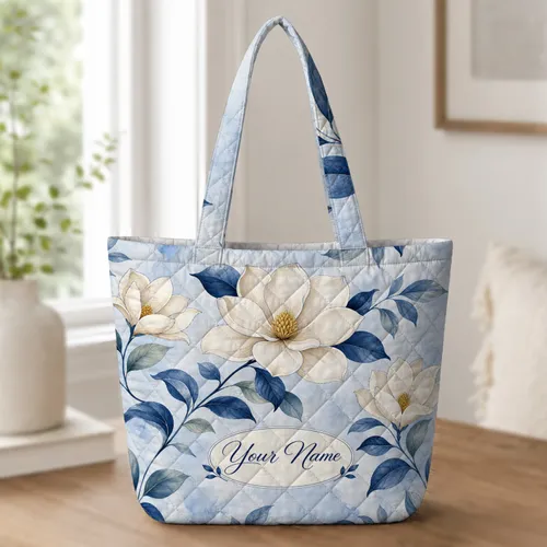 Ivory Magnolia Flowers And Blue-Green Leaves For Women's Travel, Work And Everyday Style Quilted Tote Bag