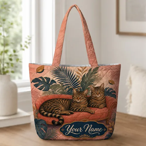 Tabby Cats On Pink Velvet Sofa Tropical Botanical Retro Everyday Carry For Cat Lovers Quilted Tote Bag