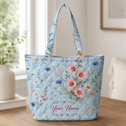 Powder Blue Wildflower Meadow Daisies For Everyday Carry And Thoughtful Women's Gifts Quilted Tote Bag