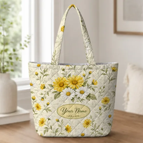 Yellow And White Daisy Garden Name Gift For Mom, Teachers, And Everyday Errands Quilted Tote Bag