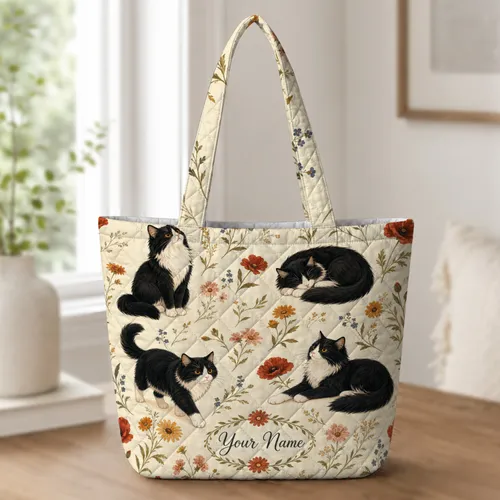 Black And White Tuxedo Cats With Autumn Wildflowers For Everyday Cat Lovers And Gifts Quilted Tote Bag