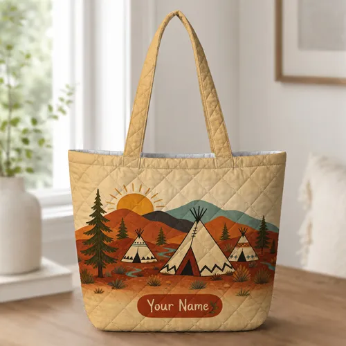 Southwestern Teepee Desert Camp for Road Trips, Camping, and Outdoor Adventures Quilted Tote Bag