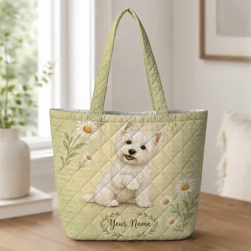 Westie And Daisy Meadow Companion For Everyday Travel, Weekend Trips And Dog Lover Gifts Quilted Tote Bag