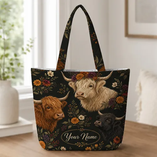 Highland Cow Floral Farmhouse Overnight Travel Gift For Rustic Garden Style Women Quilted Tote Bag