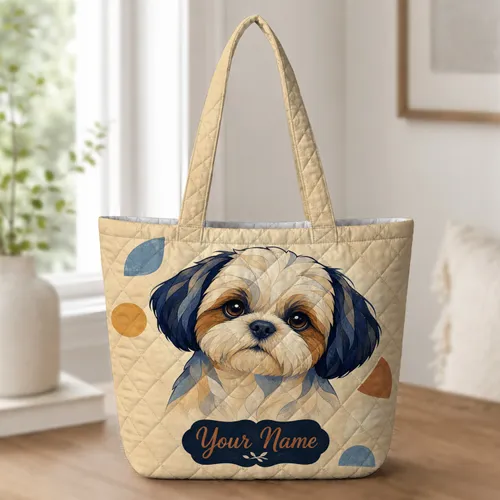 Shih Tzu Patchwork Portrait Gift For Dog Lovers Weekend Travel And Everyday Errands Quilted Tote Bag