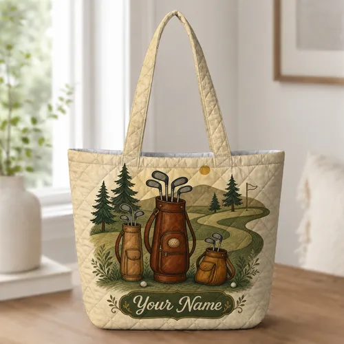 Classic Vintage Golf Bags And Fairway Scene For Clubhouse Travel Gifts For Golf Lovers Quilted Tote Bag