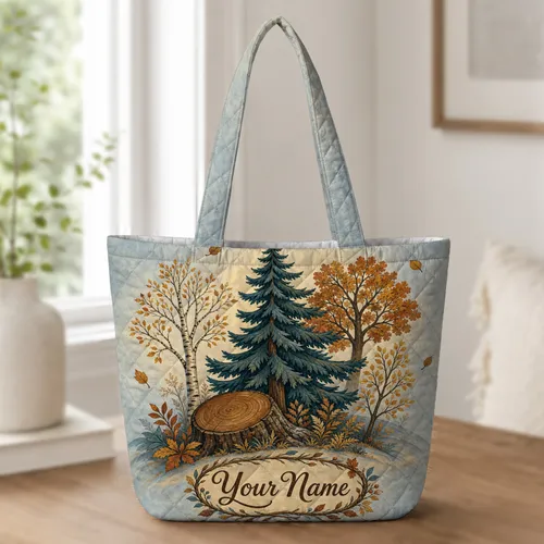 Rustic Autumn Woodland Pine Tree And Stump For Fall Harvest Gifts For Nature Lovers Quilted Tote Bag