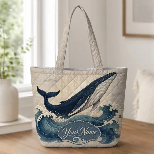 Humpback Whale Ocean Waves Coastal Gift For Beach Lovers And Nautical Style Fans Quilted Tote Bag