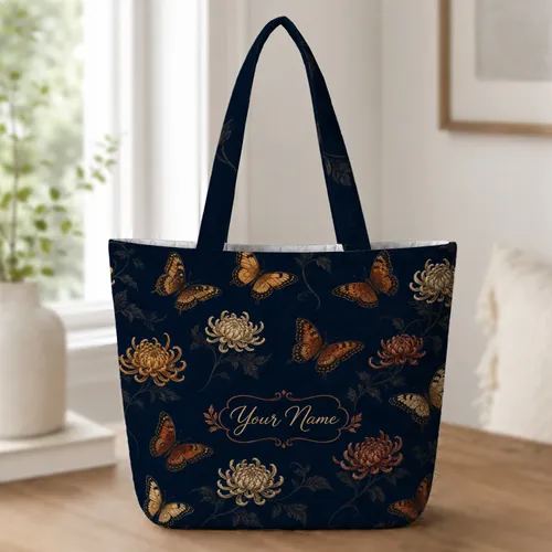 Gothic Butterfly Chrysanthemum Floral For Autumn Travel And Dark Romantic Style Lovers Quilted Tote Bag