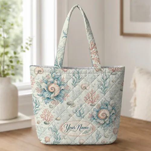 Nautilus Shell And Coral Ocean Floor Beach Market Gift For Coastal Style Enthusiasts Quilted Tote Bag