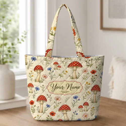 Fly Agaric Mushrooms And Wildflowers For Cottagecore Autumn Market Days And Book Lovers Quilted Tote Bag