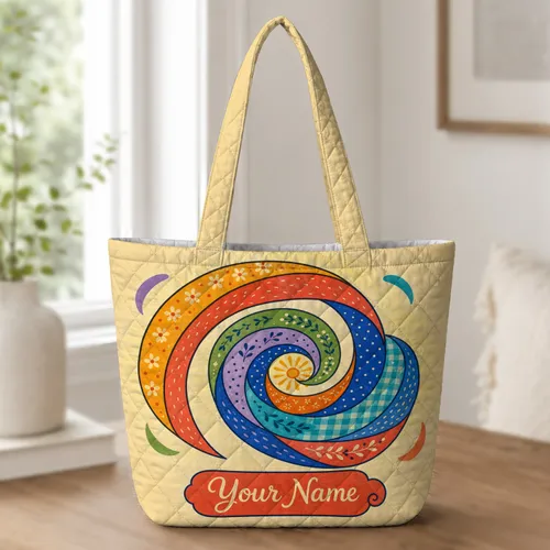 Rainbow Spiral Folk Art For Colorful Everyday Carry And Thoughtful Gift Giving Fans Quilted Tote Bag