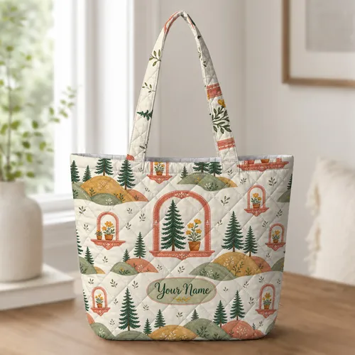 Folk Woodland Pines, Flower Pots And Garden Arches For Travel, Markets And Daily Carry Quilted Tote Bag