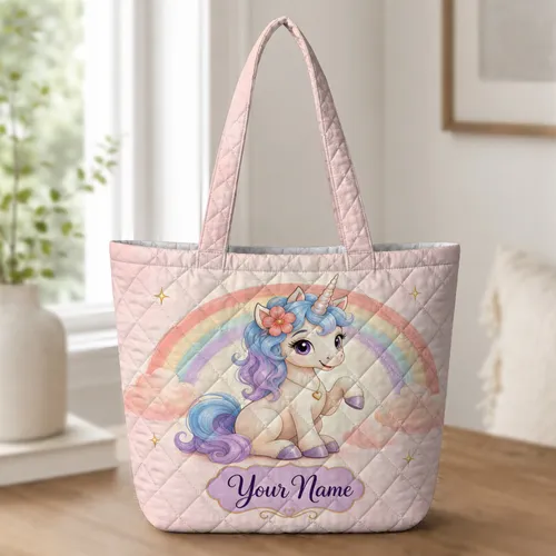 Pastel Unicorn With Rainbow And Your Name Gift For Girls School Travel Everyday Carry Quilted Tote Bag