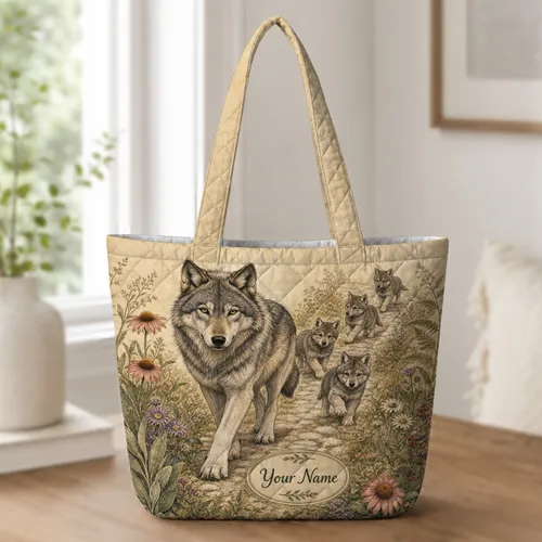 Gray Wolf Family Walking Through Wildflower Meadow Nature Gift For Wildlife Lovers Quilted Tote Bag