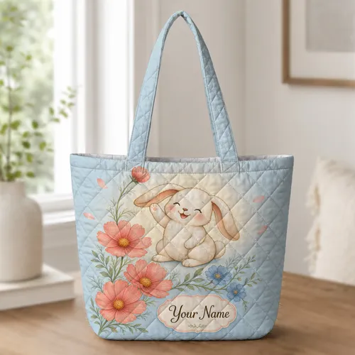 Floppy Eared Bunny With Cosmos Flowers For Easter Gifts And Everyday Carry For Her Quilted Tote Bag