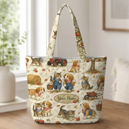 Farm Cat And Dog Harvest Scene For Autumn Market Trips, Teacher Gifts, Animal Lovers Quilted Tote Bag