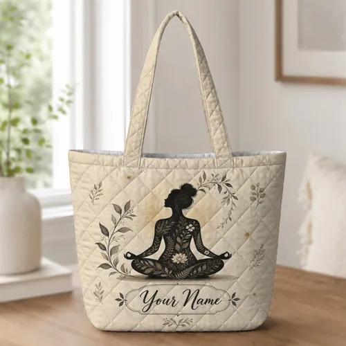Botanical Yoga Meditation Silhouette For Mindful Travel And Wellness Gifts For Women Quilted Tote Bag