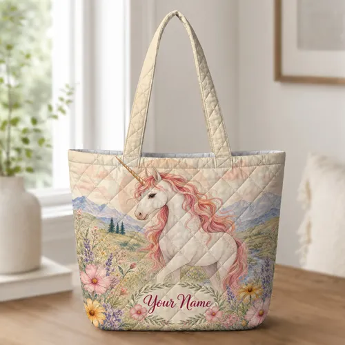 Watercolor Unicorn Wildflower Meadow Name Gift For Girls, Moms And Storybook Lovers Quilted Tote Bag
