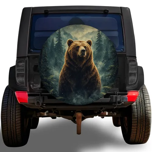 Grizzly Bear Forest Dawn Wildlife Scene For RV Camping Road Trips And Mountain Adventure Spare Tire Cover