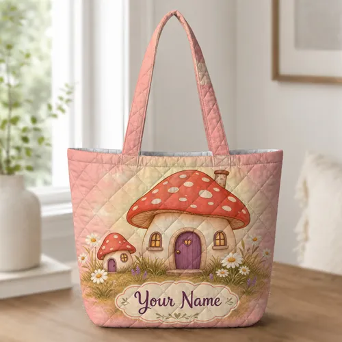 Whimsical Storybook Mushroom Cottage Meadow Spring Gift for Fairy Tale Garden Lovers Quilted Tote Bag