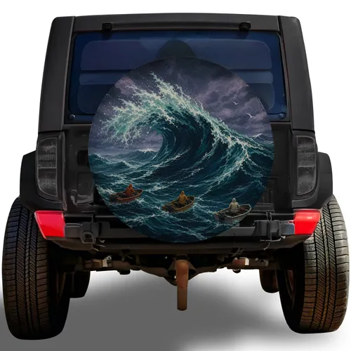 Stormy Ocean Wave With Explorer Boats For Coastal Adventure Outdoor Road Drivers Spare Tire Cover