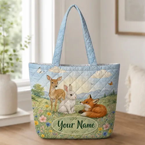 Storybook Woodland Rabbit Fox And Doe Meadow Scene For Spring Outings And Nature Lovers Quilted Tote Bag