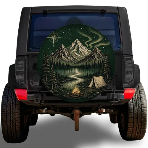 Vintage Mountain Camping Scene For Outdoor Adventure SUVs, Jeeps And Travel Enthusiasts Spare Tire Cover