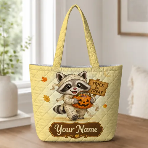 Cute Raccoon Mummy With Jack O Lantern For Halloween Trick Or Treat Gifts For Kids Quilted Tote Bag