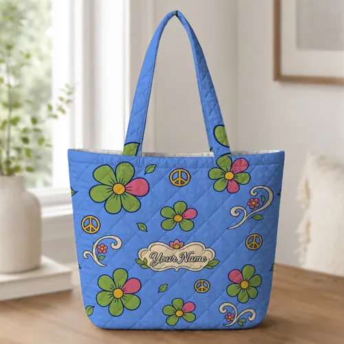 Retro Peace Sign Daisies Blue Boho Travel Carry Gift For Hippie Flower Style Lovers Quilted Tote Bag