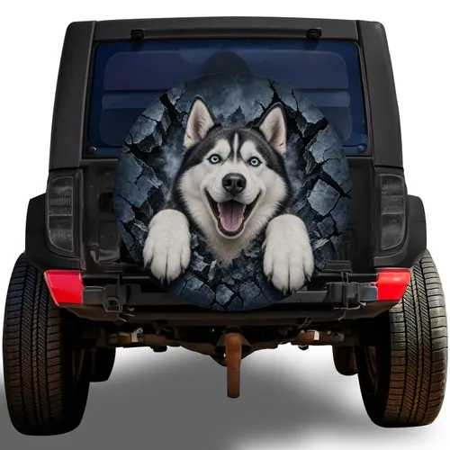 Smiling Siberian Husky Cracked Blue Art for Off Road SUV Dog Lovers Adventure Style Spare Tire Cover