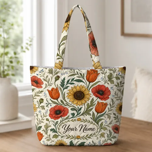 Sunflower Poppy Tulip Meadow Floral Gift For Garden Lovers Daily Travel And Errands Quilted Tote Bag