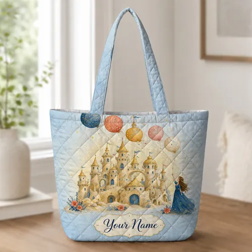 Whimsical Sandcastle Palace And Balloon Scene For Travel, Gifts And Fantasy Lovers Quilted Tote Bag