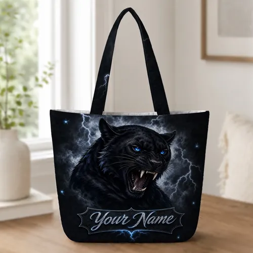 Roaring Black Panther With Blue Lightning Gothic Halloween Gift For Wildlife Lovers Quilted Tote Bag