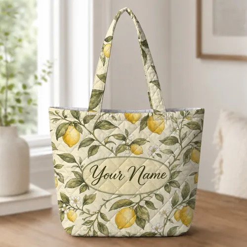 Vintage Lemon Branch Botanical For Summer Travel And Farmers Market Gift For Her Quilted Tote Bag